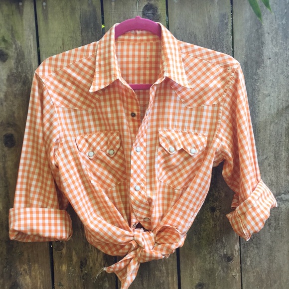 Tops - Unisex Vintage Orange/White Gingham Western Shirt